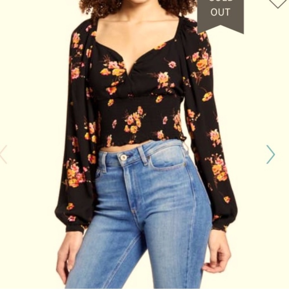 Nordstrom Leith Long Sleeve Smocked Floral Shirt Cropped Size Small